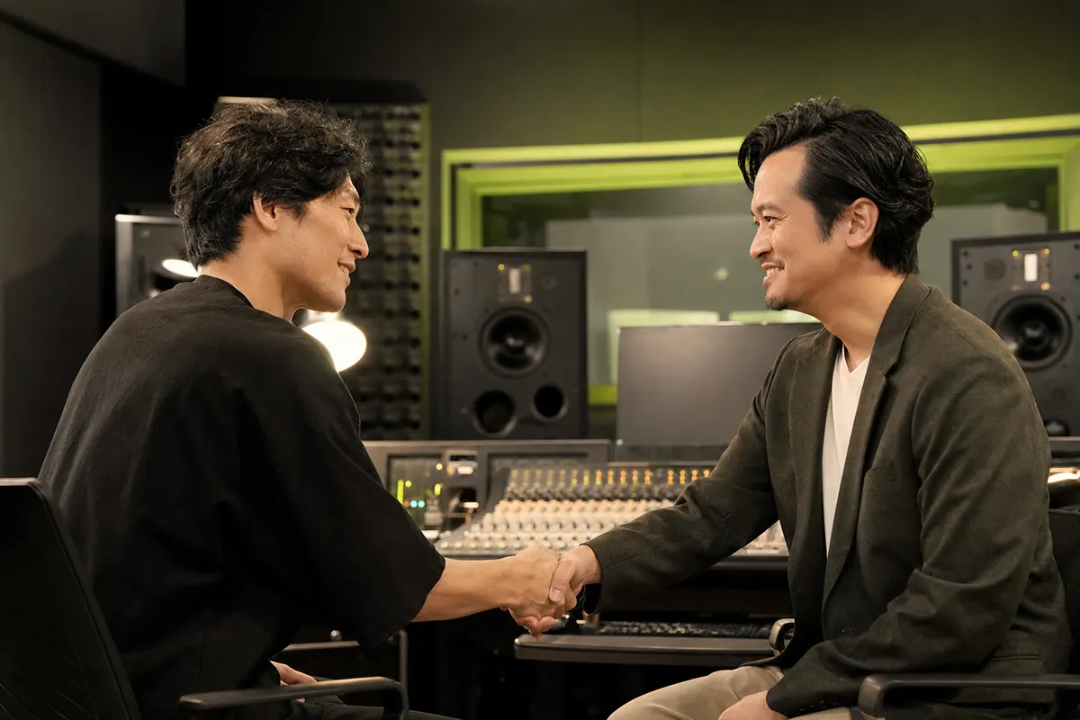 スタジオで直接話す作曲家と音楽バイヤー