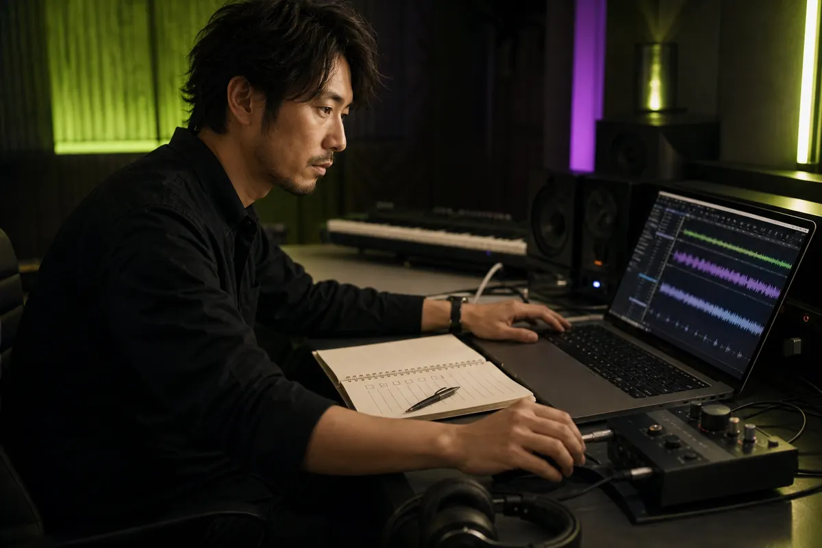 スタジオで楽曲と権利情報を確認する作曲家